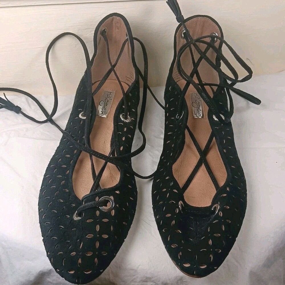 NWT HALOGEN Black LEATHER Suede LASERCUT Lace Up TASSLE Ballet Flats Sz 8.5 M